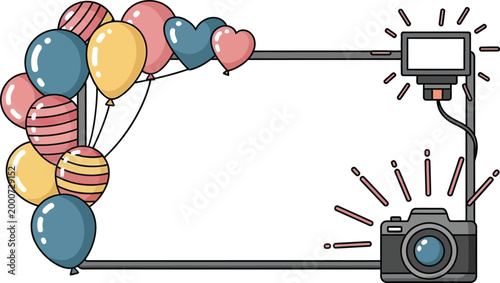 frame with balloons and cameras colorful vector illustration