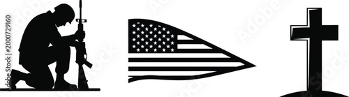 soldier silhouette with rifle american flag and cross