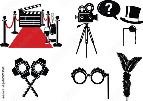 entertainment icons set in black and white vector style
