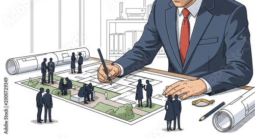 Architect drawing building plans with miniature people figures.