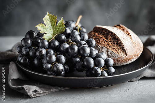 Still life with dark grapes and sliced bread. Rustic elegance and organic living concept.