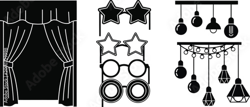 set of decorative elements including curtains stars and lights