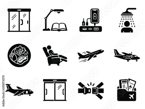 Business air travel and airport transport icon set