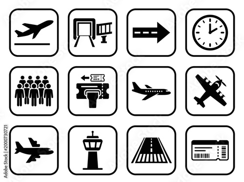 Airport service aviation icon set with shuttle and drone