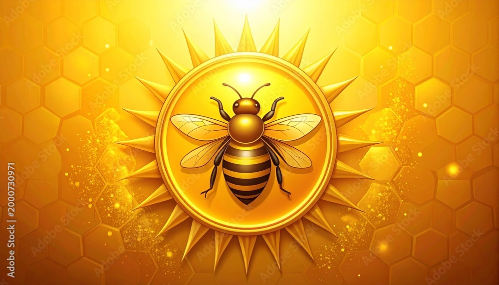 golden honeybee icon with radiant sunburst on warm glowing background