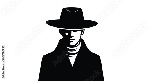 Mysterious Silhouette in Shadow: A stark silhouette of a figure, cloaked in a wide-brimmed hat, casts a sense of intrigue. Mysterious, iconic, simple and memorable.