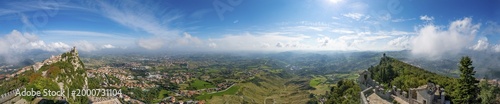 Panorama with Torre Guaita or Rocca Guaita and Torre Montale or Terza Torre, old watchtower, Monte Titano, San Marino
