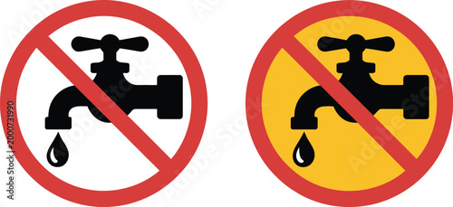 Water prohibition icon set, flat vector collection of no drinking water and water restriction symbols for safety warning signage public health alerts and hazard communication.