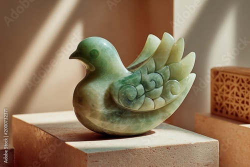 Jade Dove of Serenity: A delicate jade dove sculpture rests gracefully, its intricate details and soft hues reflecting the gentle sunlight. A symbol of peace and elegance.