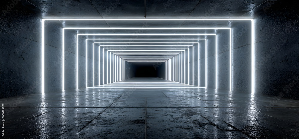 Fototapeta premium Abstract futuristic dark room with glowing bright neon white square frames, modern sci-fi background with reflections on wet floor and concrete walls, 3d illustration