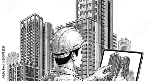 Architect reviewing building plans with skyscrapers in background.
