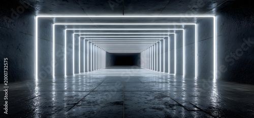 Abstract futuristic dark room with glowing bright neon white square frames, modern sci-fi background with reflections on wet floor and concrete walls, 3d illustration