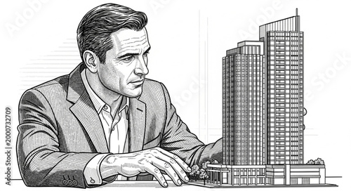 Architect examining a building model in his office.