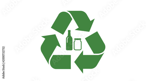Green recycling symbol with glass bottles and jars for environmental conservation.