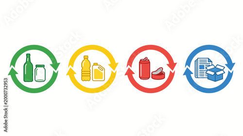 Recycling symbols for glass, plastic, metal, and paper waste.