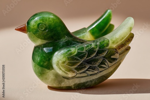 Jade Bird: A delicate jade bird statue, capturing the intricate beauty of the bird, its form beautifully sculpted, radiating serenity.
