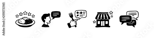 Hand-drawn icon set for restaurant reviews and customer feedback, featuring star ratings, food, shop facade, and communication speech bubbles. Minimalist black and white doodle style.