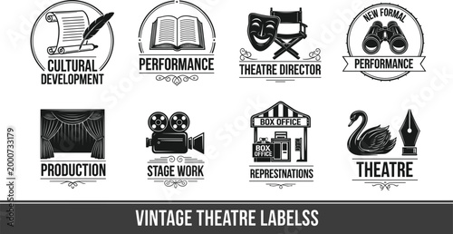 Vintage Theatre Labels with Director, Performance, Production, and Cultural Development Icons for Arts and Entertainment Designs
