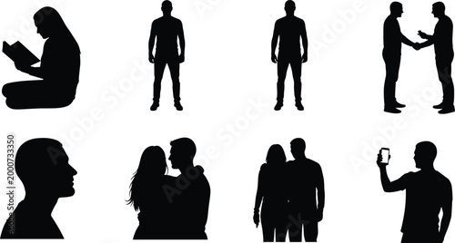 Collection of human silhouettes in various poses including standing walking handshake couple and smartphone usage isolated on white background