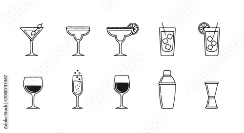 Cocktail Glasses and Bar Tools Icon Set