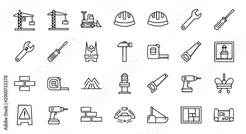 Construction Icons Set: Tools, Equipment, and Building Elements