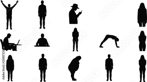 Diverse human silhouettes set showing work stress exercise smartphone use and everyday activities isolated on white background