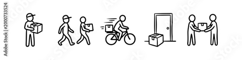 Set of hand-drawn delivery icons featuring couriers, bicycle delivery, package at the door, and package handover. Simple black line art stick figures for logistics and shipping services.