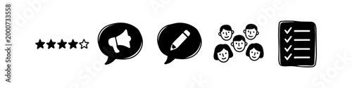 Hand-drawn black and white icon set for customer feedback, featuring star rating, megaphone, edit pencil, team group, and checklist. Ideal for business surveys and marketing communications.