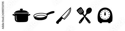 Set of minimalist black kitchenware icons including pot, pan, knife, spatula, and timer, perfect for culinary and cooking design projects.