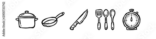 Set of hand-drawn kitchen utensil icons including a pot, frying pan, chef's knife, spatula, spoons, and timer. Black and white doodle style line art on a white background.
