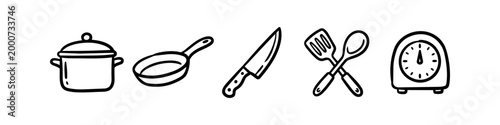Set of hand-drawn kitchen utensil icons in a minimalist doodle style. Includes a pot, frying pan, knife, spatula, spoon, and timer. Perfect for culinary and cooking designs.