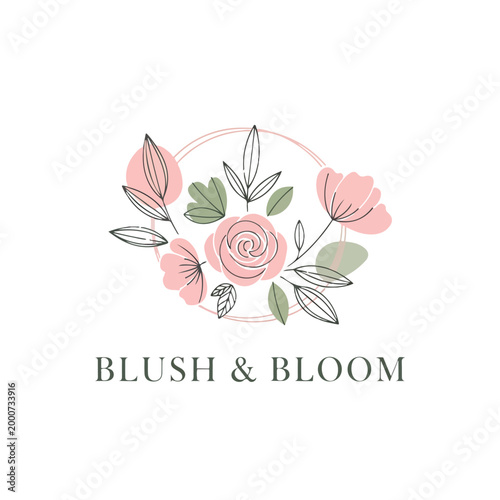 Fotografie A minimalist floral design with pink flowers, green leaves