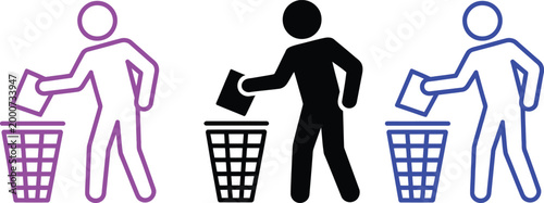 Illustrations of people disposing waste into different colored recycling bins