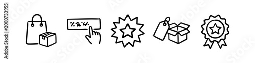 Set of minimalist hand-drawn e-commerce icons featuring a shopping bag, box, clicking cursor, star badge, price tag, and ribbon award in a black doodle style on a white background.