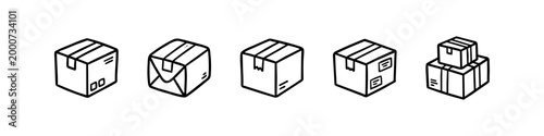 Minimalist hand-drawn cardboard box icons for delivery and shipping. Vector doodle illustrations of parcels, packages, and crates, perfect for e-commerce, logistics, and moving service designs.