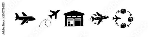 A collection of black and white air freight and logistics icons, including airplanes, warehouse, and shipping cycles. Perfect for global delivery, transportation, and supply chain concepts.