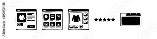 Hand-drawn minimalist icons for e-commerce and web design, including product pages, online shopping grids, five-star ratings, and folder tabs. Ideal for UI/UX sketches and wireframing.