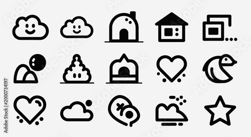 Obraz na płótnie Various icons of clouds, hearts, and buildings are illustrated.