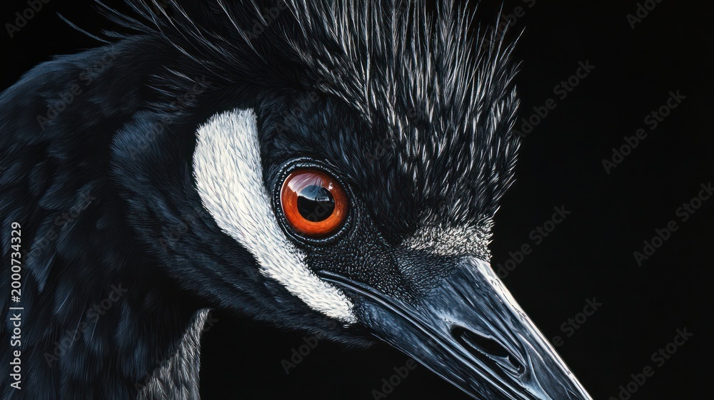 Fototapeta premium Close-up crane portrait, detailed plumage, black and white. Possible use Nature, wildlife photography