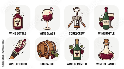 Wine and Winery Elements Set in Hand Drawn Doodle Style