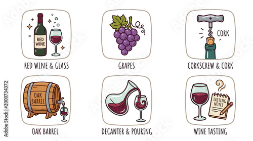 Wine and Winery Elements Set in Hand Drawn Doodle Style