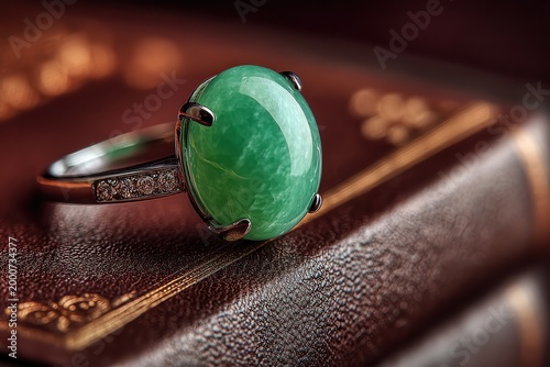 Jade Ring: This photograph showcases a beautiful jade ring on a vintage leather-bound book, offering a sense of history and allure.