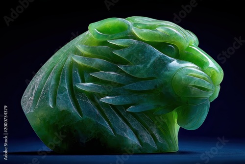 Jade Lion: A finely carved jade lion sculpture gleams, its verdant form meticulously sculpted with detail, evoking a sense of ancient artistry and cultural heritage.