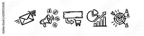 Hand-drawn set of digital marketing icons including email commerce, social media advertising, data analytics, and target audience strategy. Ideal for business presentations and web graphics.