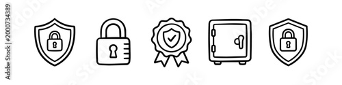 Hand-drawn security icon set featuring shields with padlocks, a safe vault, and a guarantee seal. Minimalist black line art for safety, privacy, and cyber security concepts.