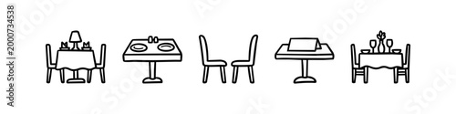 Hand-drawn doodle set of restaurant tables and chairs, featuring various dining setups with plates, glasses, and decor in a minimalist black and white line art style.