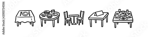 Konstfotografi Hand-drawn doodle set of restaurant and dining tables, including table settings, chairs, reserved sign, and a feast with roast chicken