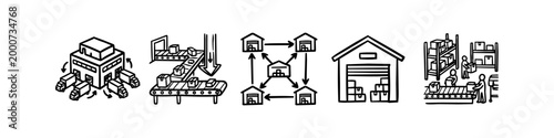 Hand-drawn set of logistics and warehouse icons featuring distribution centers, conveyor belts, delivery trucks, and storage. Ideal for supply chain and shipping concept illustrations.