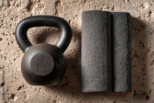 Strength and Recovery Tools: A striking overhead shot features a rugged kettlebell paired with a specialized foam roller, designed to enhance strength training and promote post-workout recovery.