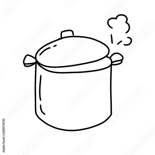 Black outline boiling pot illustration in hand-drawn line art style. A simple cooking pot with boiling liquid, steam,isolated on transparent background (PNG). 